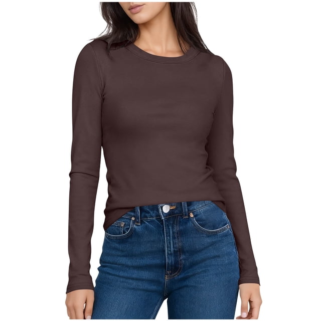 Ailaofu T-Shirts Ajustés à Manches Longues pour Femmes, Col Rond, Coupe Ajustée, Basiques, Unis, T-Shirts à Manches Longues pour Superposition