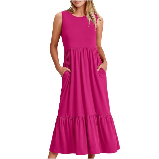 AherBiu Robes d'Été pour Femmes Décontractées Amples Sans Manches Robe Midi avec Poches Confortables à Volants Robes Soleil