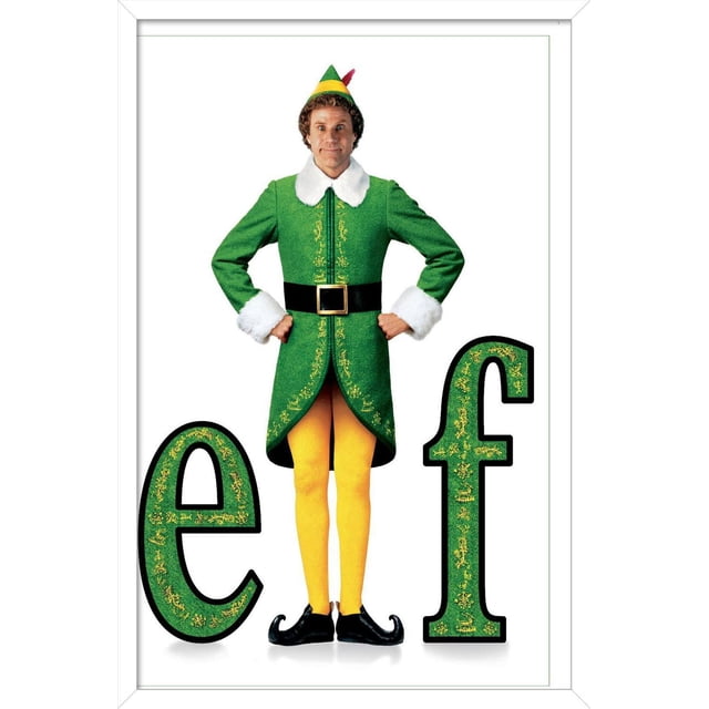 Elf - Affiche Murale d'Une Feuille, 22,375 Po x 34 Po Montrant une Figurine en costume Elf Vert avec Garniture en Fourrure Blanche, Ceinture Noire avec Boucle Dorée, Collants Jaunes, Chaussures Bouclées Noires, et un Chapeau Elf Vert et Jaune avec Plume Rouge, Debout entre de Grandes Lettres Décoratives Vertes « e » et « f » sur Fond Blanc, Idéal pour l'Art Mural Festif Ou la Décoration de Fête.