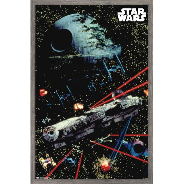 Star Wars : Saga - Affiche Murale de Bataille Spatiale, 22,375 Pouces x 34 Pouces Représentant une Impression Brillante à Haute Résolution d'Une Bataille Spatiale avec l'Étoile de la Mort Partiellement Construite, Plusieurs Chasseurs TIE, Chasseur Stellaire X-wing et les Explosions laser Rouges du Millennium Falcon Tirant dans un Espace Noir Rempli d'Étoiles, Idéal pour la Déco de la Maison Ou la Décoration de Fête à Thème.