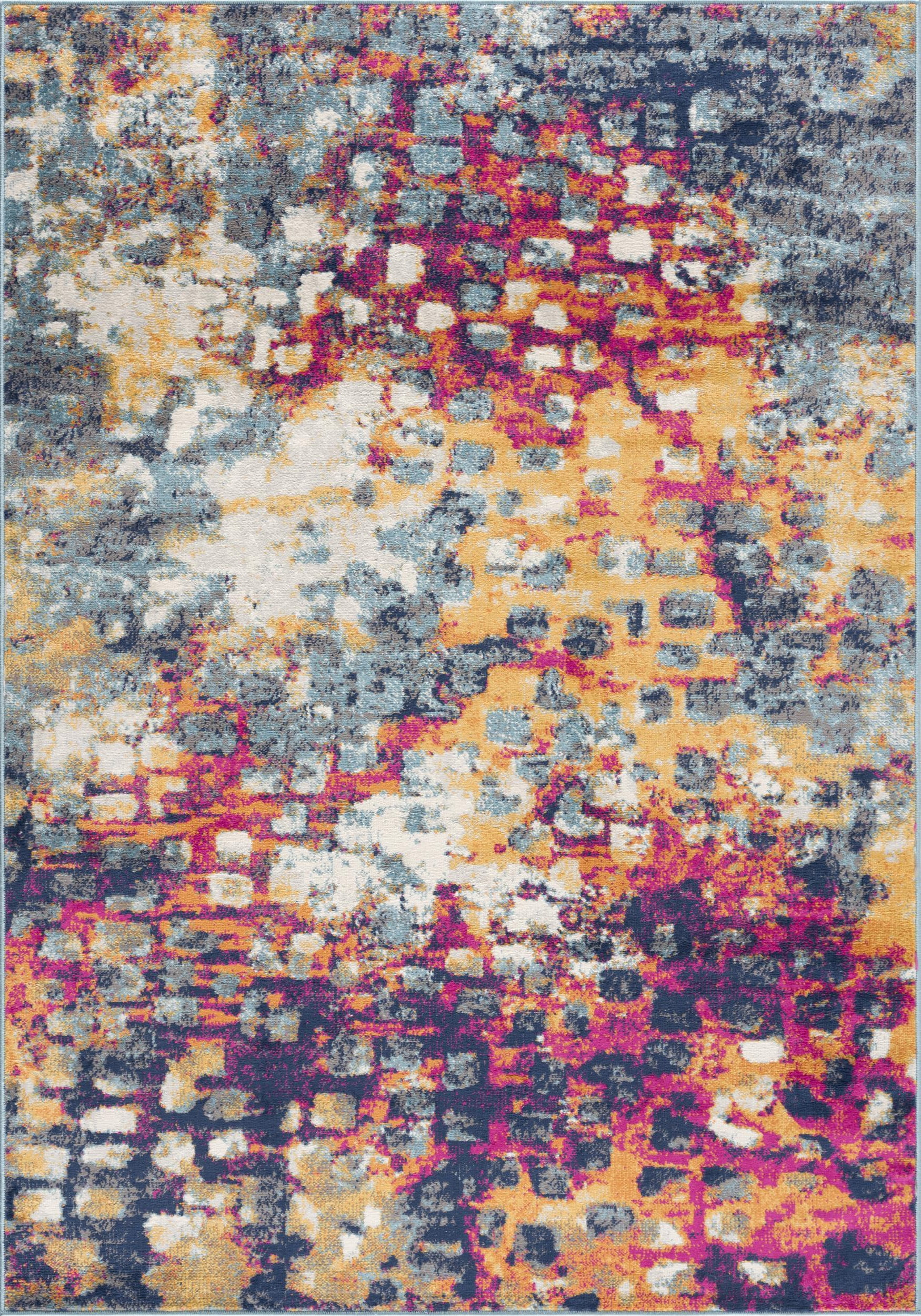 Tapis d'intérieur bohème Branch Savannah 2' x 2' (taille exacte : 2'3" x 2'), jaune et bleu, motif abstrait - Entrée, couloir, salle de bain et cuisine