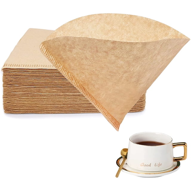 Small Coffee Filters, V60 Size 01, set of 200, made of natural food-grade wood pulp in a cone shape. These disposable coffee filters are shown in a stack with one filter displayed open, highlighting their natural brown color and texture. Suitable for 1-2 cup pour-over coffee makers and drippers. A white coffee cup with gold accents is placed nearby for context.