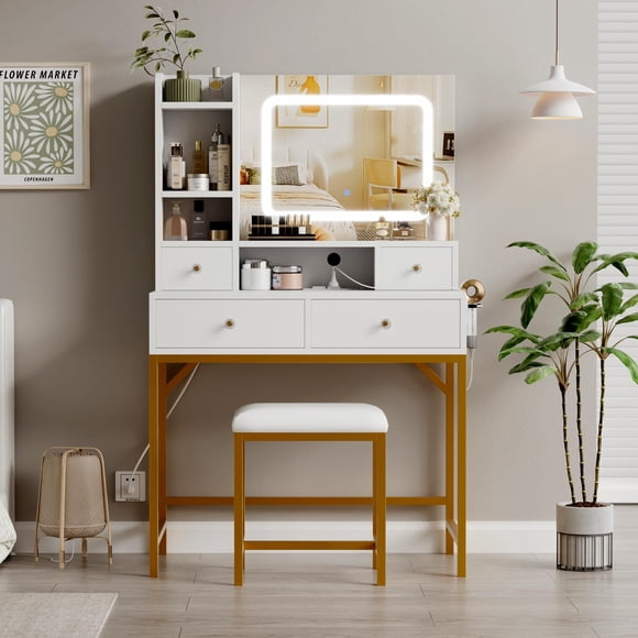 EDTara Coiffeuse et Tabouret avec Miroir et Lumières, Coiffeuse avec Station de Recharge, Tiroirs, Étagères de Rangement pour Chambre