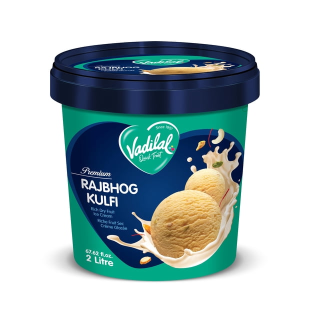 Vadilal Rajbhog Ice Cream 2 Ltr/67.62 fl.oz. container of premium Rajbhog Kulfi rich dry fruit ice cream in teal and navy blue packaging, showing two scoops of traditional Indian kulfi with milk splash and dry fruit accents on the label.