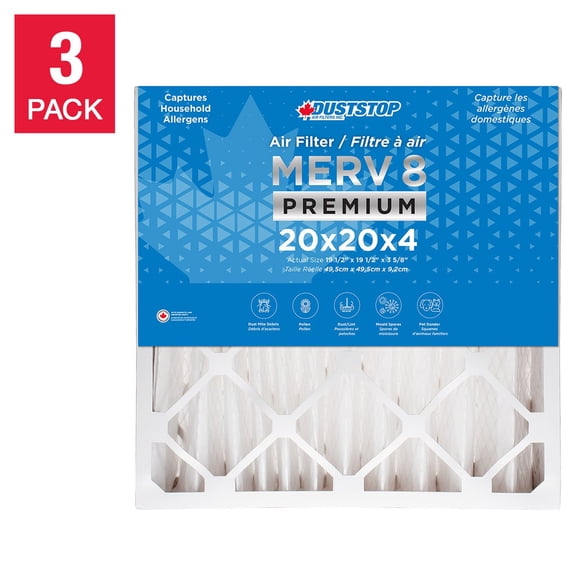 Duststop MERV 8 Premium Pleated Furnace Filter, 3-pack 20 x 20 x 4