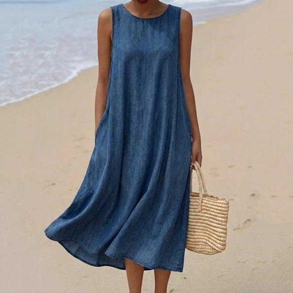 Women's Sleeveless Denim Dress Round Neck Loose Fitting Maxi Sundress Casual Soft Jean Dress with Pockets for Summer Daily Streetwear Blue XL