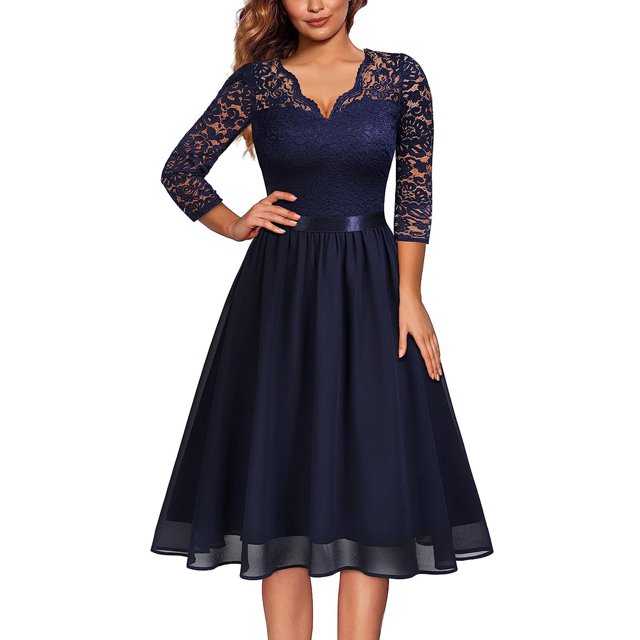 Robes Grande Taille Femmes Mode Uni Dentelle Manches 3/4 Corset Évasée Col en V Robe de Soirée Robes de Soirée pour Femmes Élégantes Chic en Liquidation