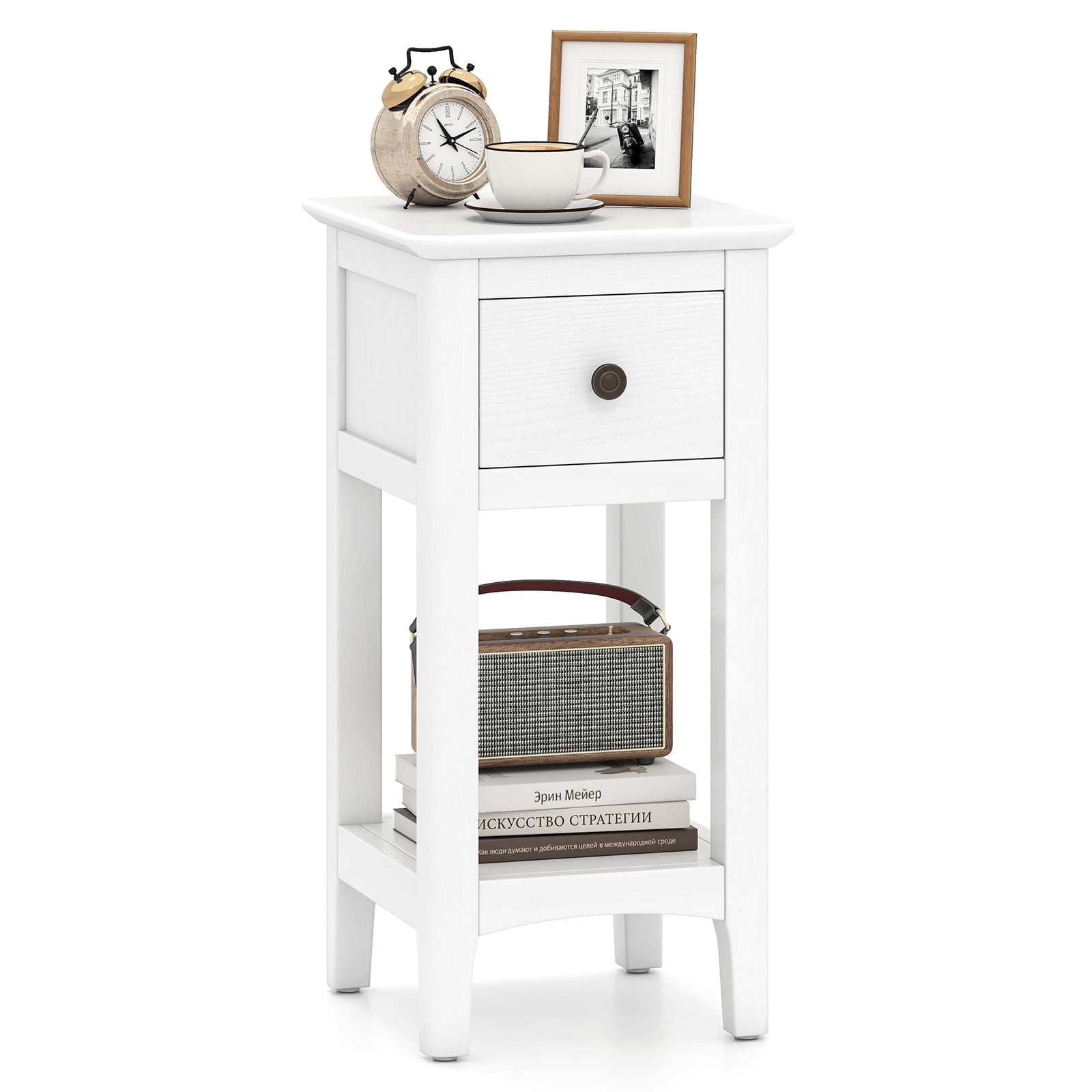 Gymax Nightstand 3-Tier Bedside Table w/ Open Storage Shelf & Narrow Side Table White