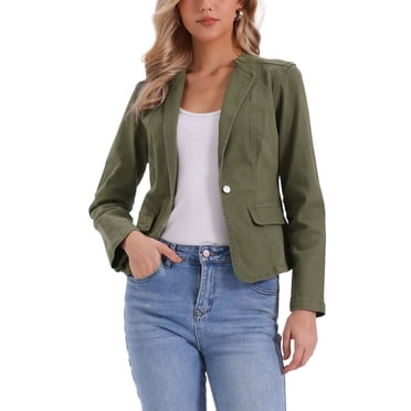 INSPIRE CHIC Women's Stretchy Jean Jacket Lapel Collar One Button Long Sleeve Work Denim Jackets S Olive Green