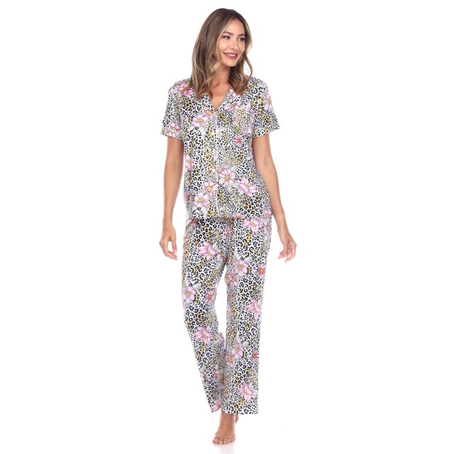 White Mark Women's Tropical Short Sleeve Button-Down Pajama Set