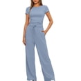 thumbnail image 2 of Birdeem Ensemble 2 Pcs Femme Mode Col Rond Uni Blouse à Manches Courtes + Pantalon Long Taille Élastique, 2 of 12