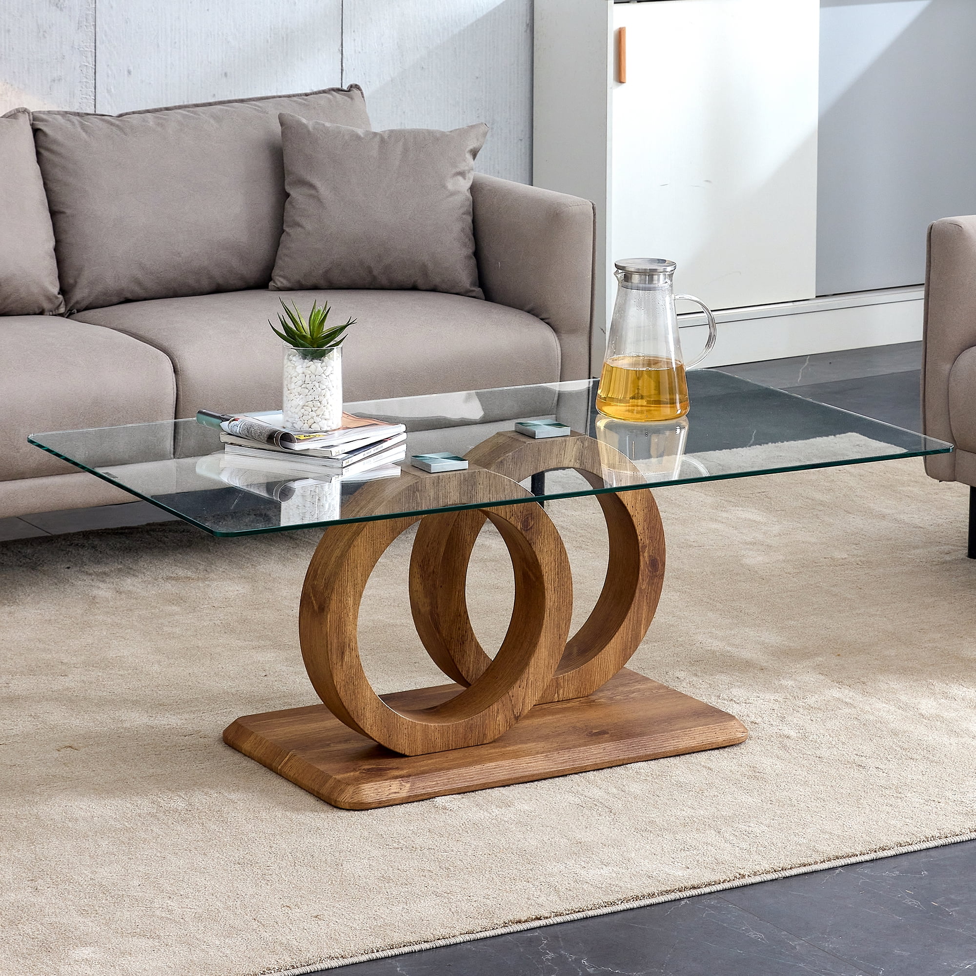Table basse Noble House en forme de O à double anneau entrelacé, piètement en MDF grain de bois, naturel