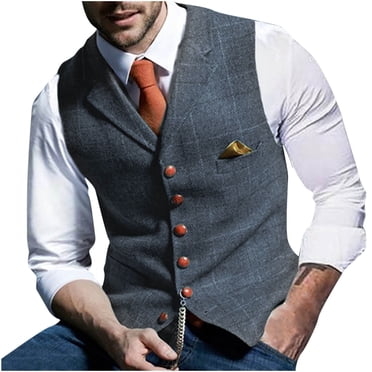 Pisexur Men's V-Neck Suit Vest Business Formal Plaid Dress Casual Slim Fit Dress 6 Button Vest Waistcoat With Pocket for Suit or Tuxedo