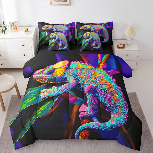 Colorful Chameleon Bed in a Bag Queen Comforter Set 7 Piece,Cute Lizard Wildlife Bedding Set Lovely Reptile Creature Sheet Set with Comforter,Botanical Tree Branch Bed Set