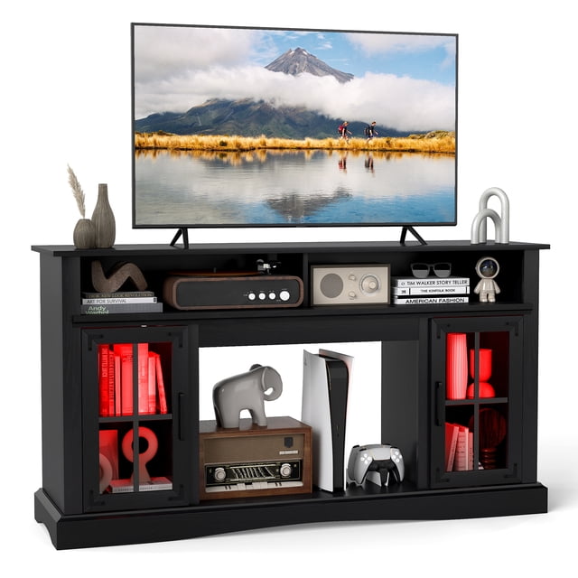 Gymax Meuble Télé avec Lumières DEL et Télécommande Armoires de Rangement et Tablettes Ajustables Noir