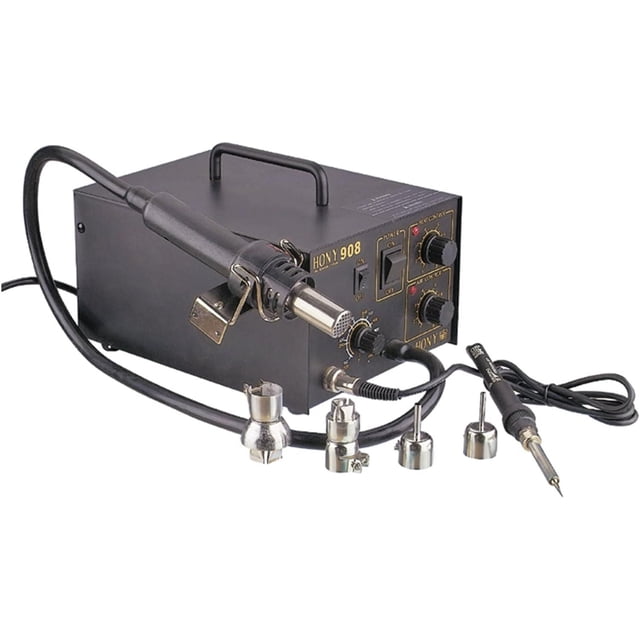 HVTools Poste de Soudage Électrique et de Retouche à Chaud avec Unité Principale en Métal Noir avec Boutons de Commande, Interrupteurs et Poignée, Pistolet à air Chaud Connecté avec Buse en Métal, Fer à Souder avec Poignée Noire et Cordon, et Quatre Buses en Métal pour Enlever les Composants Communs, Convient au Préchauffage par Points et au Reflux SMT.