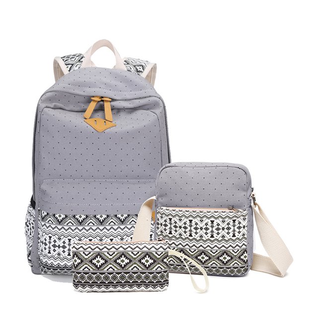 QualitChoice 3 Pieces Canvas Backpack Shoulder Organizer Set Large Capacity for Zipper Ethnic Style School Bags Causal Adjustable Travel Bag Gray
