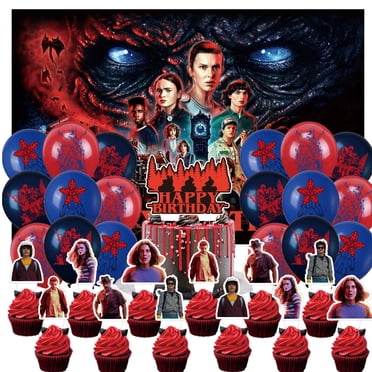 32 PCS For Stranger Cartoon For Things Themed Birthday Party Decorations Set,Includes 5*3ft Birthday Backdrop Decorations,Cake Topper,12 Cupcake Toppers,and 18 Balloons