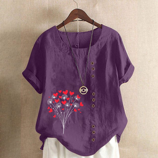 Liquidation Horkkom Hauts Grande Taille pour Femmes Été Décontracté Chemises en Lin à Manches Courtes Col Rond Imprimé Floral Blouses Amples