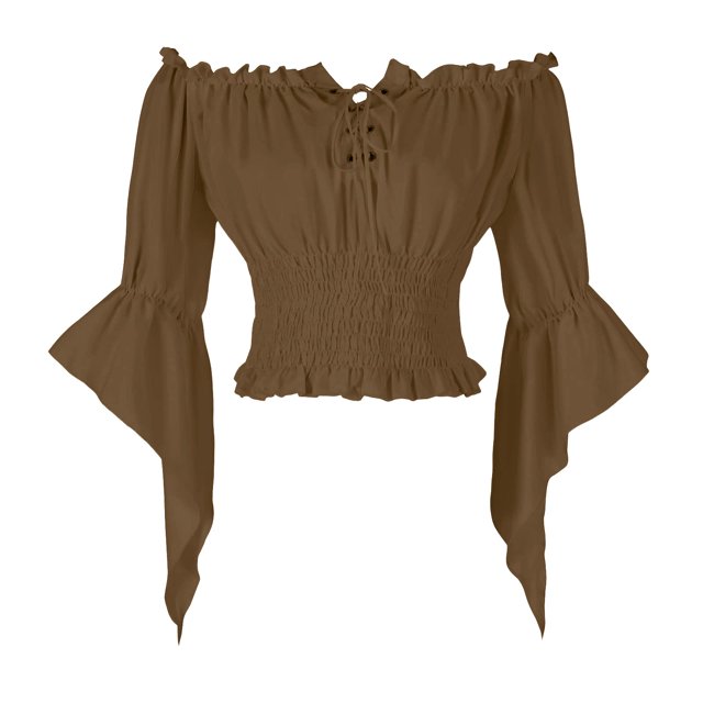 bbymog Womens Renaissance Peasant Blouse Off Shoulder Trumpet Sleeve Tops Brown XXL