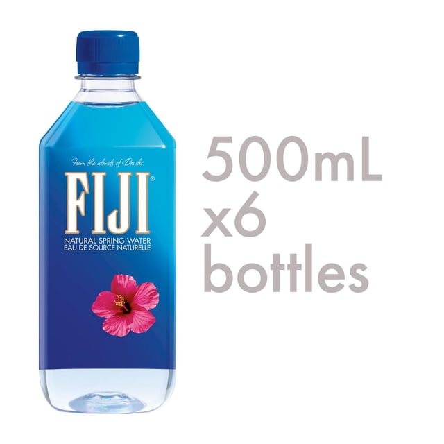 FIJI Natural Spring Water 500 ml x 6pk showing a clear PET plastic bottle with a blue label featuring the FIJI logo and pink hibiscus flower, sealed with a blue cap, naturally filtered through volcanic rock, suitable for hydration and convenient grab-and-go use.