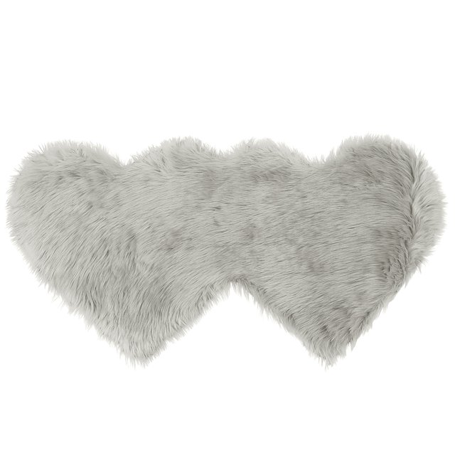 Unique Bargains Wool Imitation Sheepskin Rugs Faux Fur Double Heart Shaped Area Rug in grey, measuring 120 x 60 cm (4 x 2 ft). Made with soft artificial wool and suede backing for non-slip use. Perfect as a faux fur accent rug for bedrooms, living rooms, or romantic occasions like Valentine's Day or weddings.