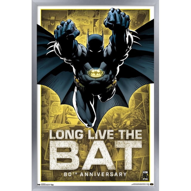 DC Comics - Batman - 80th Anniversary Wall Poster, 22.375" x 34" featuring a centered, front-facing Batman in black and blue costume with glowing yellow bat emblem on chest, fists extended forward, cape spread wide over a yellow background of vintage Batman comic panels and bold white text 'Long Live The Bat 80th Anniversary'.