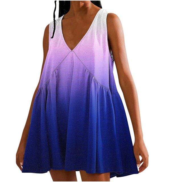FAIWAD Robes Patchwork Surdimensionnées pour Femmes Été Amples Dégradé Sans Manches Col en V Plissées Mini Robe d'Été