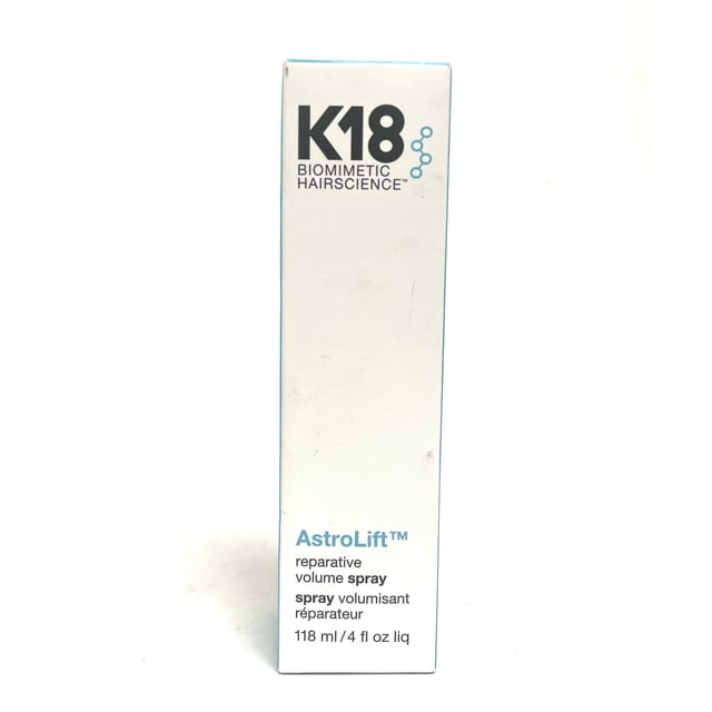 K18 AstroLift Reparative Volume Spray, 4 oz (118 ml), in sleek white packaging with blue accents and the K18 Biomimetic Hairscience logo. This lightweight hair styling spray repairs damage, thickens hair fibers, adds flexible volume, and protects against humidity and frizz for up to 48 hours.