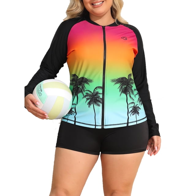 Charmo Womens Plus Size Long Sleeve Rash Guard Top Zipper Sufing Swim Shirt