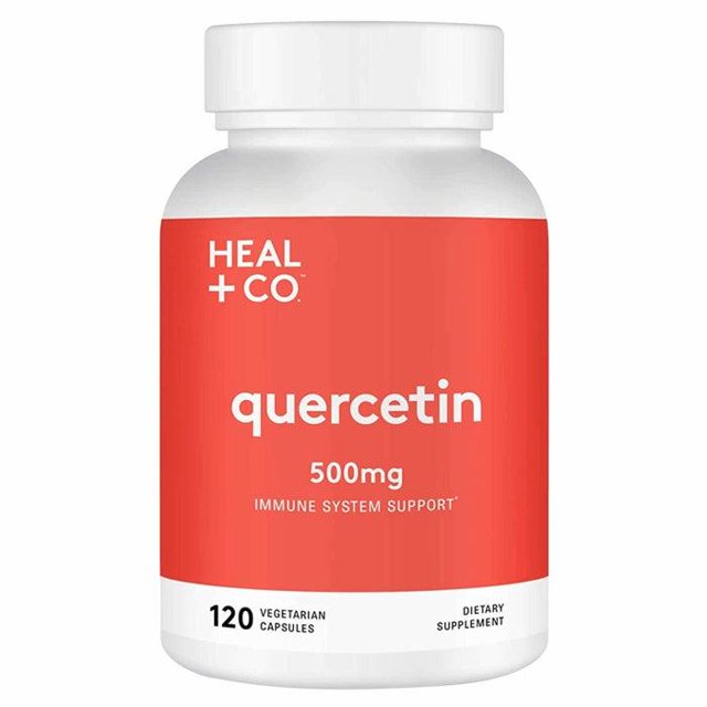 Heal + Co. Quercetin 500mg Immune System Support, 120 Capsules. A white bottle with a red label displaying the product name and key details, including 500mg quercetin per capsule, 120 vegetarian capsules, and dietary supplement. The label highlights immune system support and high purity quercetin derived from the Japanese pagoda tree.