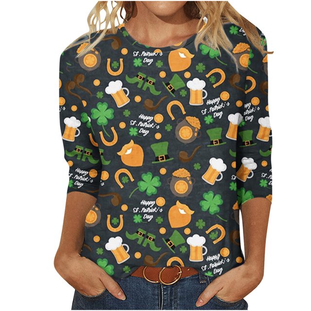 DPTALR T-shirt Imprimé pour la Saint-Patrick pour Femmes, Manches 3/4 Mi-Longues, Col Rond, Décontracté