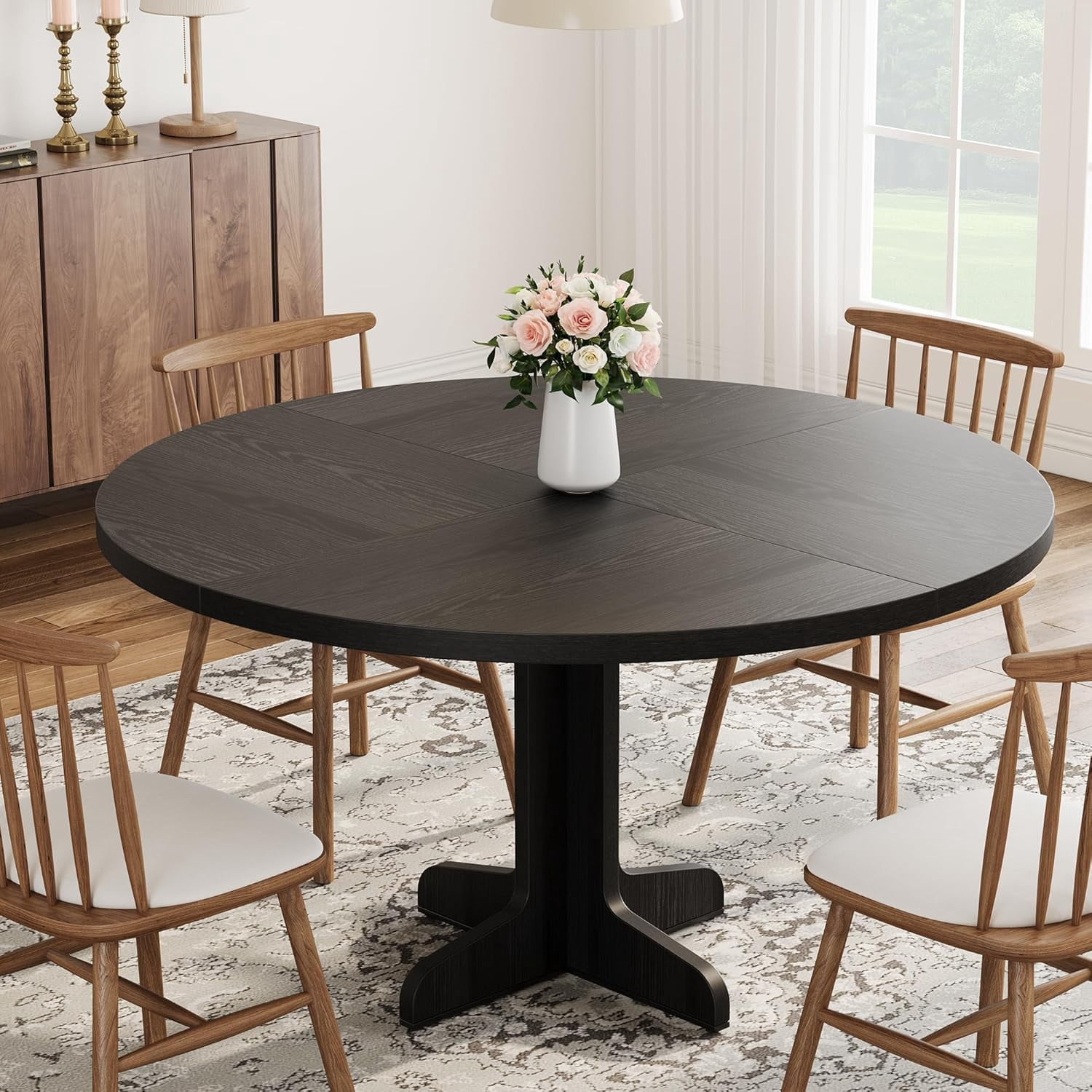 EastVita 47 Inch Round Dining Table for 4, Farmhouse Kitchen Table, Black