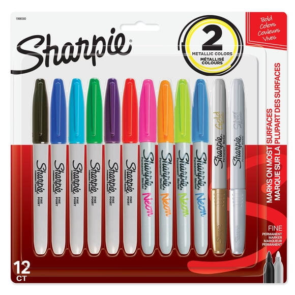 Sharpie Permanent Markers, Fine Point, Assorted Colours, 12 Count
