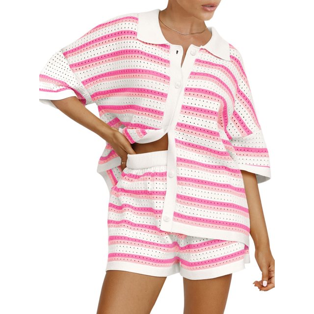 FOCUSNORM Women Pajamas Set 2 Pieces Loungewear Suits Stripe Contrast Color Button Crochet Knit Tops and Shorts Lounge Sets