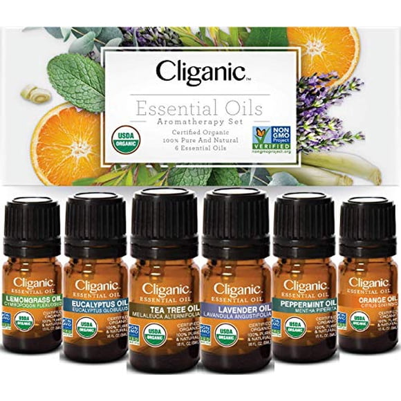 Cliganic USDA Organic Aromatherapy Essential Oils Set (Top 6), 100% Pure Natural - Peppermint, Lavender, Eucalyptus, Tea Tree, Lemongrass & Orange | Cliganic 90 Days Warranty