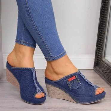 JUNWELL Sandales Compensées Espadrilles en Denim pour Femmes avec Nœud Noué Nouveau