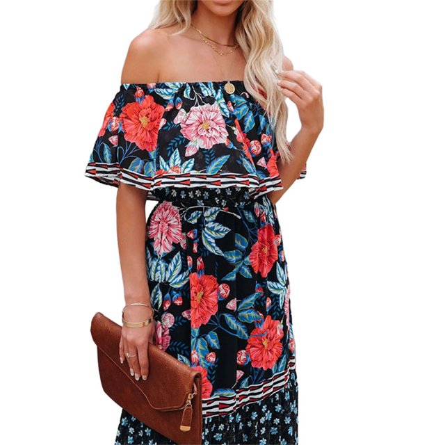 MAWCLOS Femmes Été Plage Robe Soleil Floral Imprimé Maxi Robes de l'Épaule Longue Robe de Vacances en Vrac Manches Courtes Floral Noir L