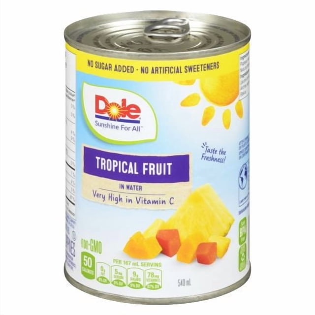 Tropical Fruit Salad in Water 540ml canned fruit by Dole with pineapple and red and yellow papaya pieces in water, no sugar added, no artificial sweeteners, very high in vitamin C, non-GMO, suitable for pantry food storage.