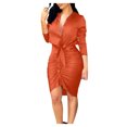thumbnail image 1 of Womens Fashion V-neck Solid Color Long Sleeves Lace-up Casual Dress, 1 of 6