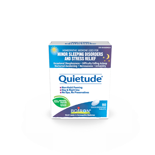 Boiron Quietude – Homeopathic Medicine for Sleep Disorders, Stress & Nervousness, 90 tablets. The packaging highlights its use for minor sleeping disorders such as restlessness, difficulty falling asleep, nocturnal awakening, and occasional sleeplessness, as well as nervousness related to stress, including hypersensitivity and irritability. Features include 100% naturally-sourced medicinal ingredients, non-habit forming, quick-dissolving tablets, and suitability for day and night use. Free from parabens, dyes, and preservatives. Designed for adults and children aged 6 and older.