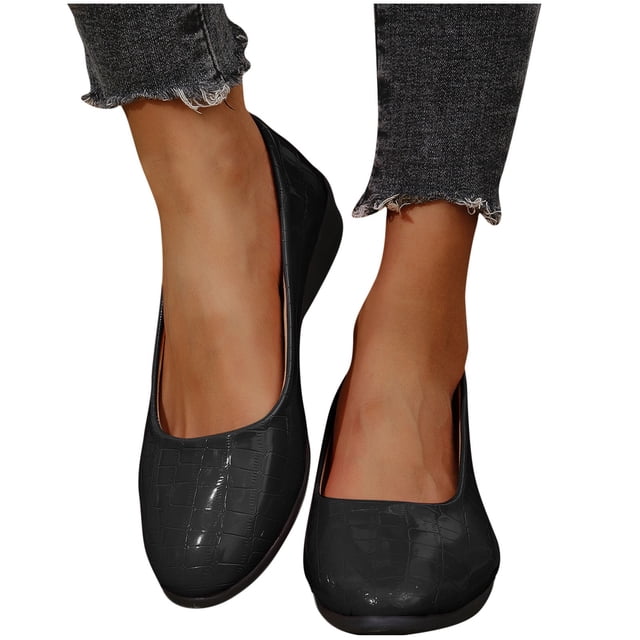 Chaussures Compensées pour Femmes à Enfiler Embossage Pierre Bout Pointu Chaussures Habillées en Cuir Noir