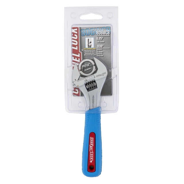 CHANNELLOCK 6" Adj Wrench with blue CODE BLUE® comfort grip and chrome vanadium steel finish, wide jaws with 23.8mm (15/16") capacity, laser-engraved inch and mm scales, precise 4-thread knurl adjustment, and slim head for access in tight spaces, in clear plastic packaging.