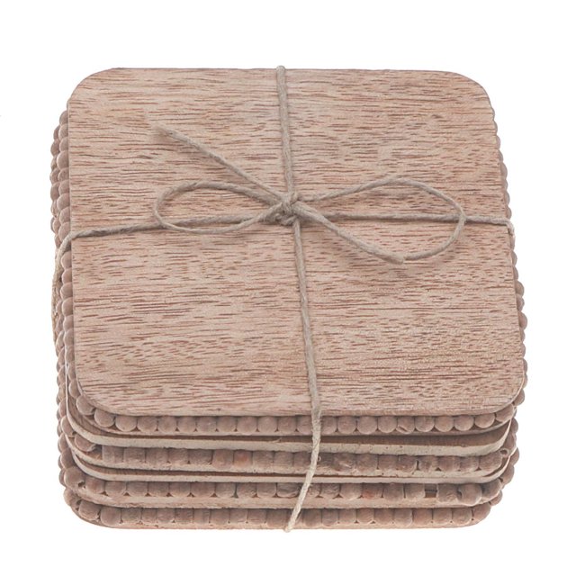 Ensemble de 4 sous-Verres Carrés Naturels en Bois avec Fini Brun Pâle, Empilés et Noués avec Ficelle Naturelle, avec Coins Arrondis et Bords Perlés, Idéal pour Protéger les tables de Salle à Manger de la Chaleur et des Déversements et Convenant comme Déco de table Stylée.