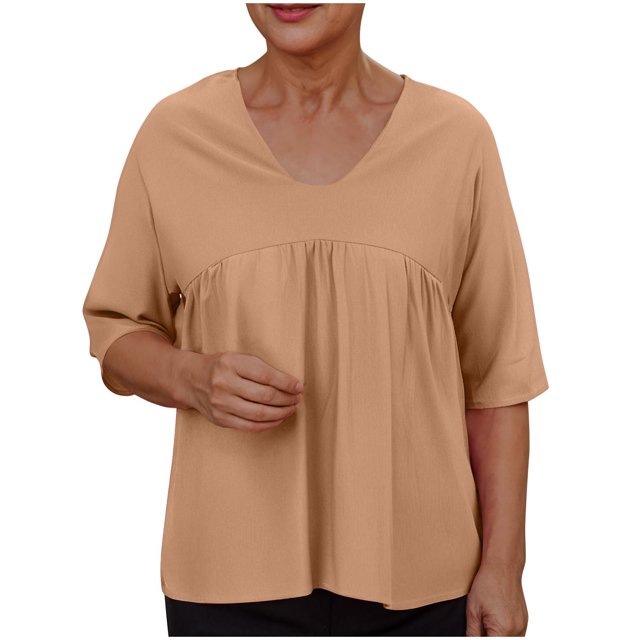 Liquidation d'Économies! Hauts pour Femmes Grande Taille, Blouse d'Été à Manches Courtes pour Femmes, Chemisiers Unis pour Femmes Raglan à Manches Mi-Longues à Col en V Patchwork Haut Plissé