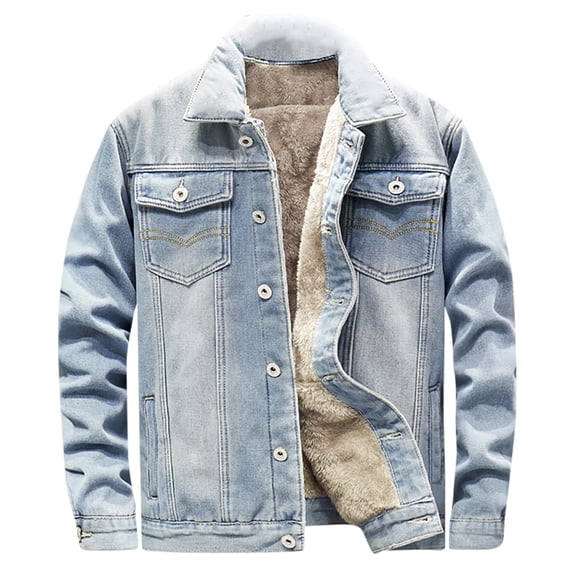 Fengqque Men's Lapel Sherpa Fleece Lined Thicken Denim Jean Trucker Jacket Coats Long Sleeve Slim Fit Casual Jean Jacket Light Blue 4(M)