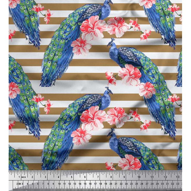 Soimoi Polyester Crepe Fabric Stripe,Floral & Peacock Bird Print Fabric by The Yard 52 Inch Wide