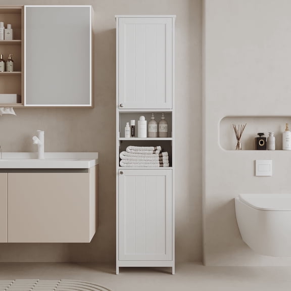 LEDREM Freestanding Storage Cabinet with Door-Activated Lights, Adjustable Shelves, Space-Saving Design, Left/Right Door Options, Cloud White