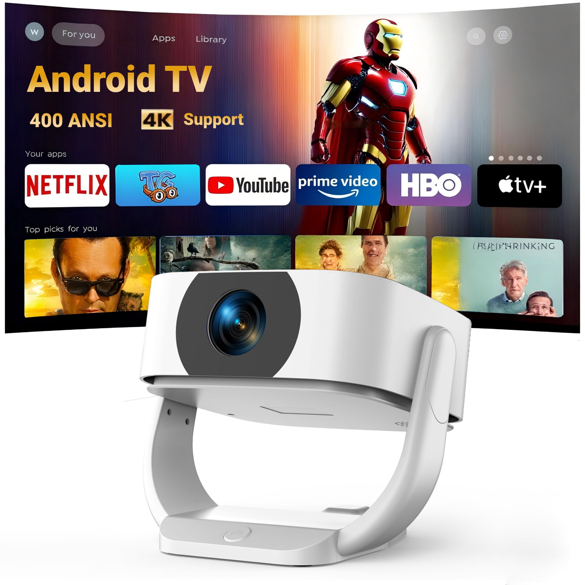 [Applis Intégrées] GKLPO Projecteur 4K avec Wi-Fi et Bluetooth, Projecteur de Films 16000L avec [Focus Électrique et Trapèze Automatique], Projecteur Extérieur Portable Rotatif à 270° pour HDMI, USB, Téléphone