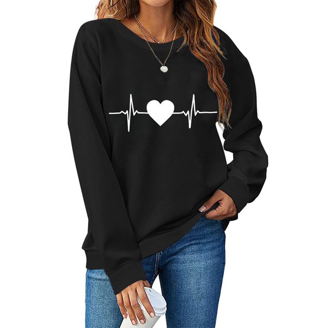 Chemise de Saint-Valentin pour Femmes 2024 Col Rond Chemises Décontractées Cœur d'Amour Graphiques Tees Manches Longues Amples Pull Tops Mode Vacances T-Shirt